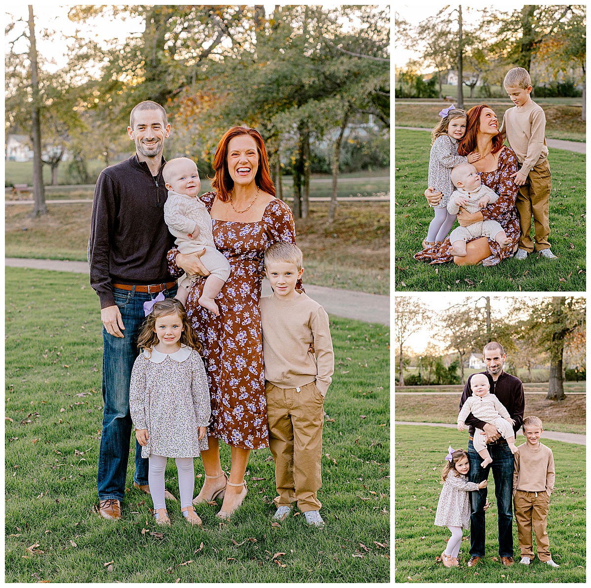 Springville Alabama family photographer_0037 Mom and dad smiling with kids during fall family session at Big Springs Park in Springville, Alabama.