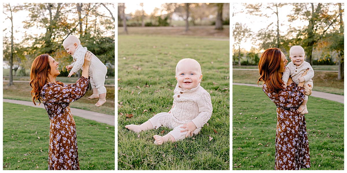 Springville Alabama family photographer_0038 Mom with baby during fall family session at Big Springs Park in Springville, Alabama.