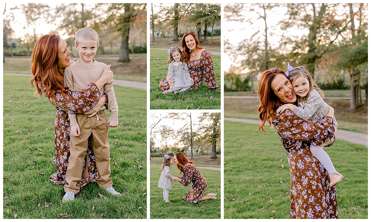 Springville Alabama family photographer_0040 Mom playing with kids during fall family session at Big Springs Park in Springville, Alabama.
