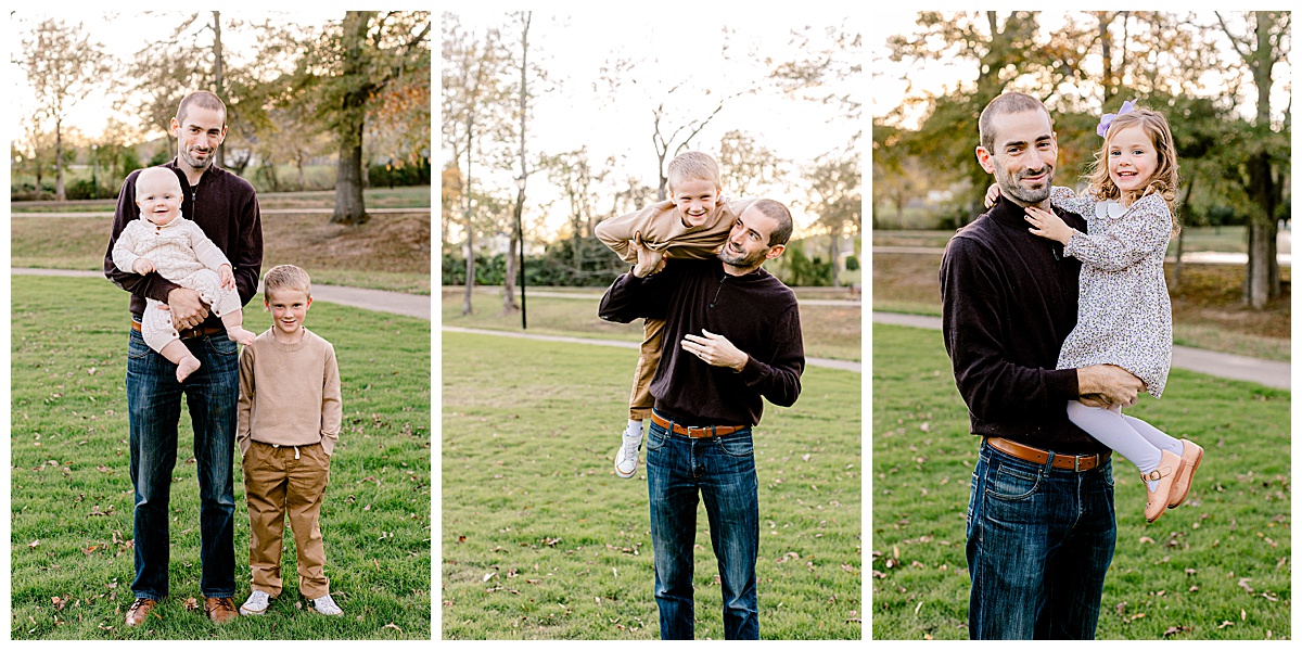 Springville Alabama family photographer_0041 Dad playing with kids during fall family session at Big Springs Park in Springville, Alabama.