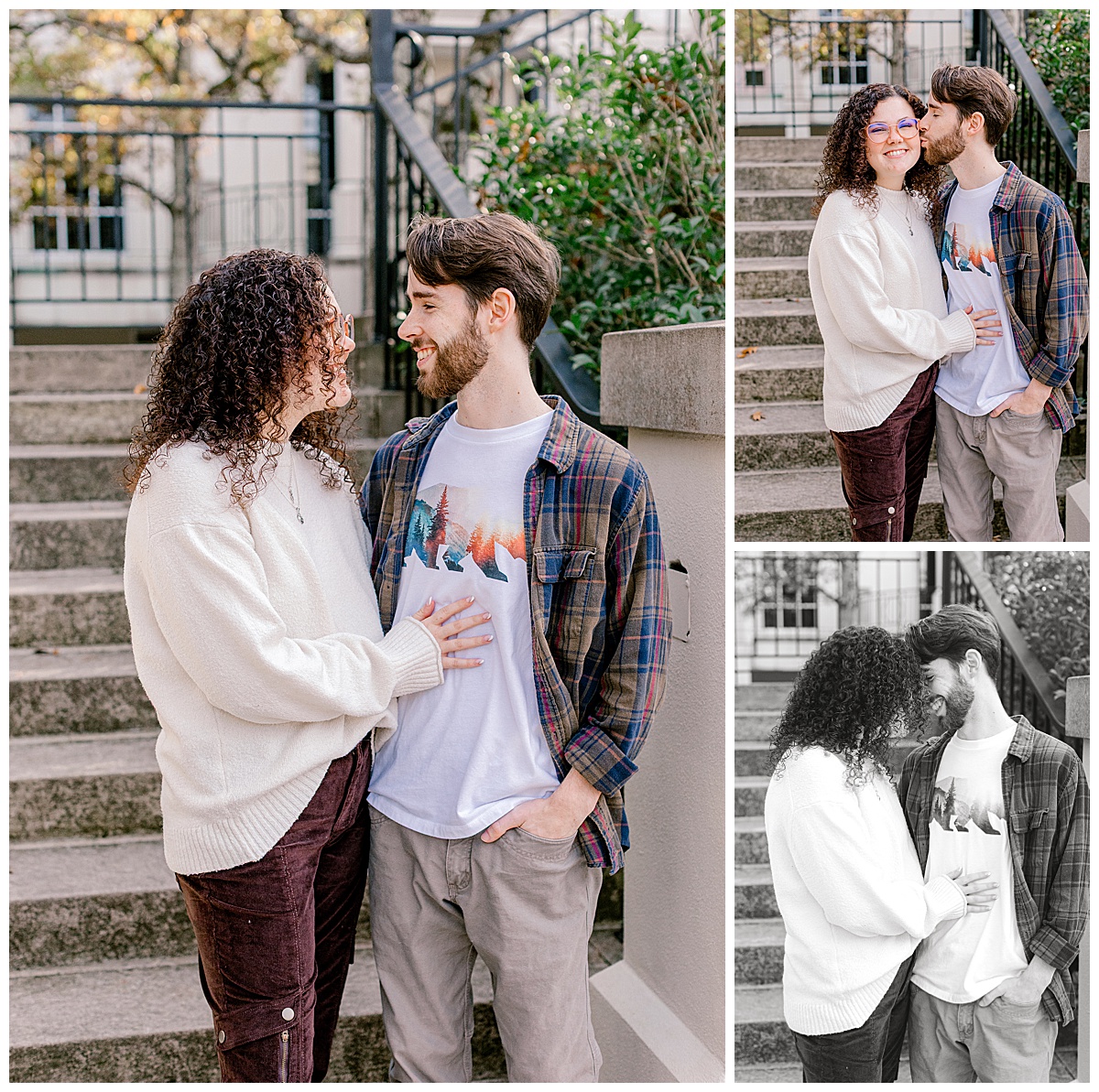 peyton-emma-steps-candid-engagement.jpg Playful moment of Peyton and Emma on the stone steps, Emma leaning in laughing while Peyton holds her at Birmingham Botanical Gardens.