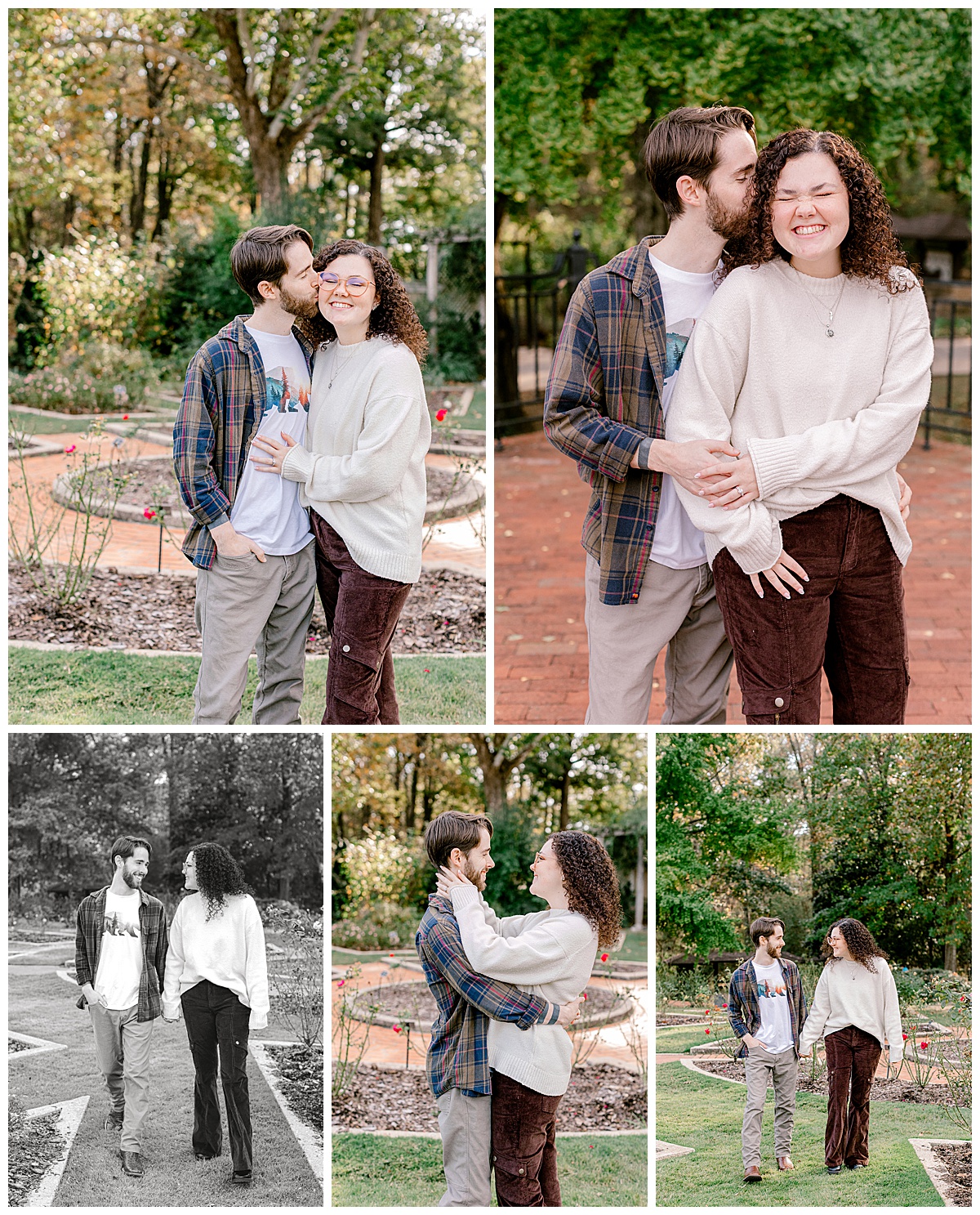 peyton-emma-rose-garden-portrait.jpg Romantic shot of Peyton and Emma standing among blooming roses in the rose garden at Birmingham Botanical Gardens, smiling at each other.