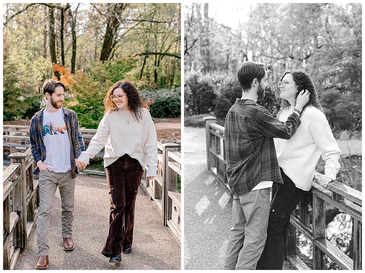 peyton-emma-on-bridge-botanical-gardens.jpg Peyton and Emma holding hands and walking across a wooden garden bridge at Birmingham Botanical Gardens.