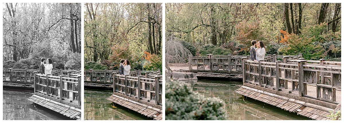 peyton-emma-bridge-across-water.jpg Distant view of Peyton and Emma standing together on a bridge with the botanical gardens’ water reflection below them.