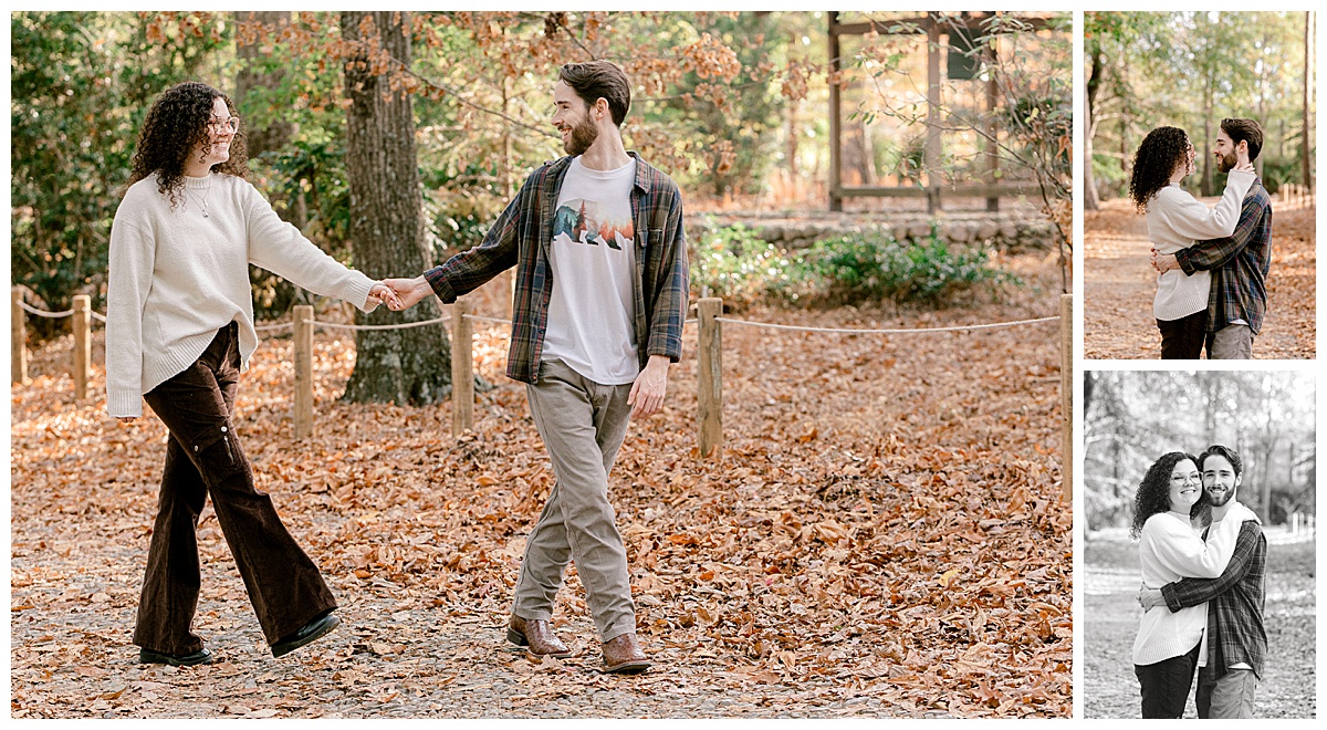 peyton-emma-walking-in-woods.jpg Candid shot of Peyton leading Emma by the hand down a wooded path, leaves underfoot, during their engagement session.
