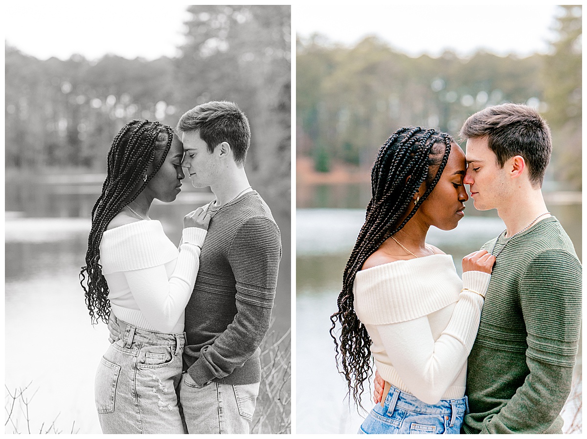 Nature-Filled-Engagement-Session-at-Aldridge-Gardens Scenic engagement photo collage with views of Aldridge Gardens and lake backdrop