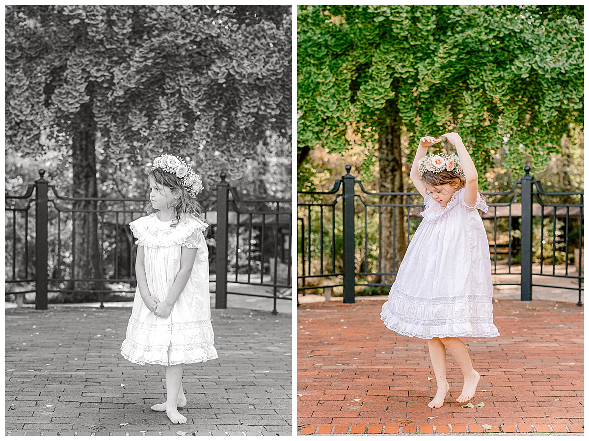 ballet-magic-rose-garden-path Jennifer performing a ballet pose on the garden path, wearing her heirloom dress with the iron railing and roses in the background.
