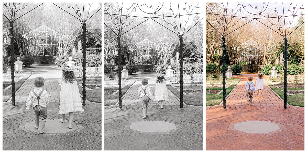 barefoot-kids-running-away Jennifer and Scott running away down the path at the end of their session, barefoot and laughing in the rose garden.