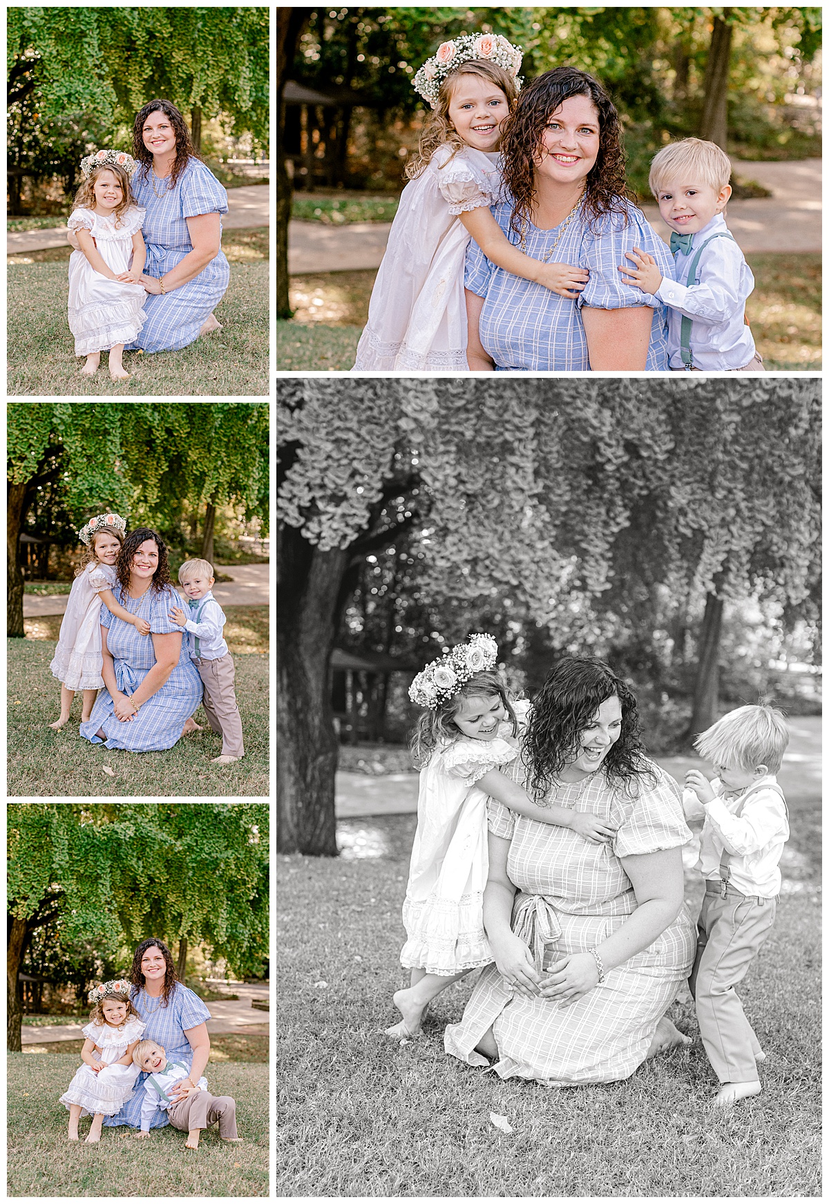 Naomi-and-Children-in-the-Rose-Garden Five candid photos of Naomi with her children in the Birmingham Botanical Gardens rose garden. They are smiling, hugging, laughing, and playing together in a joyful moment of connection and motherhood.