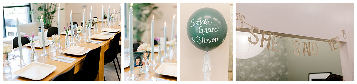 Beautifully styled engagement party decor including tables, balloons, and floral arrangements.