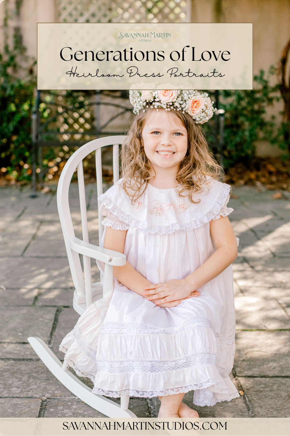heirloom-dress-portraits Family heirloom portraits in Birmingham Botanical Gardens, featuring a vintage dress passed down through generations, capturing precious memories in a timeless setting.