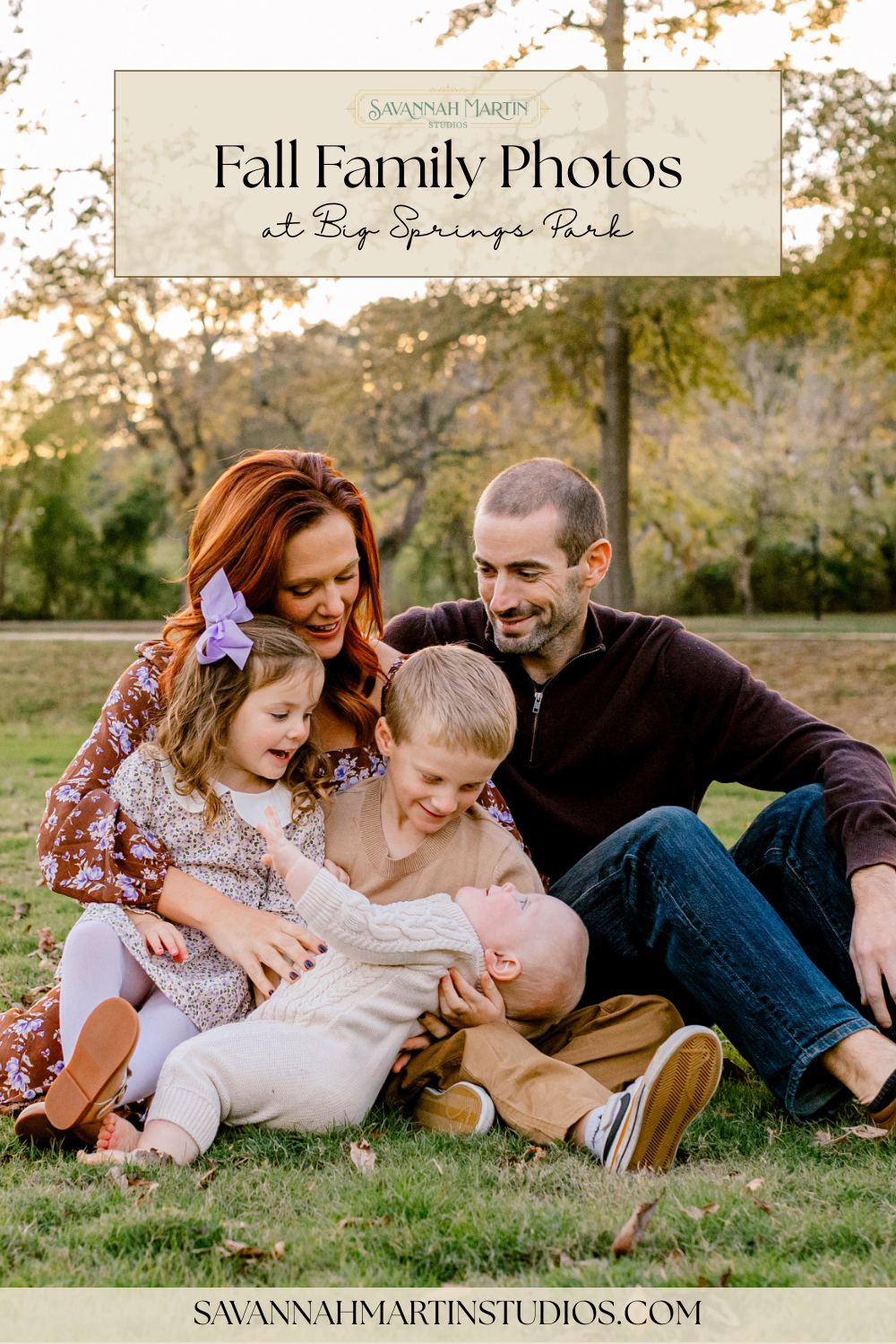 Fall Family Photos at Big Springs Park (1) Mom and dad smiling with kids during fall family session at Big Springs Park in Springville, Alabama.
